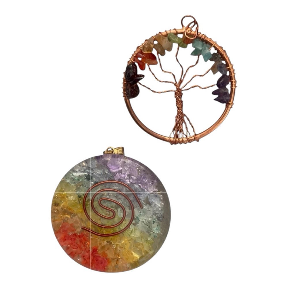 7 Chakra Layered Round Gemstone Pendant Orgonite & Tree Of Life Pendant NWOT